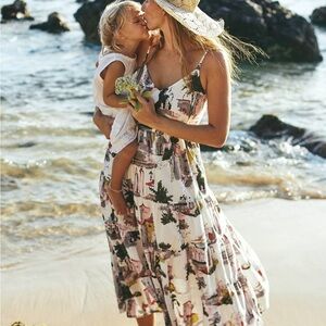 Anthropologie Lazybones Cityscape White Multi Printed Midi Sundress